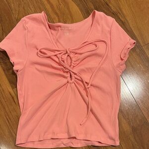 American Eagle Outfitters Coral Ribbed Tie-Front Tee